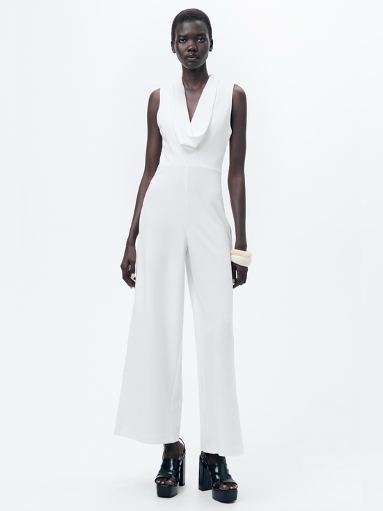 Zara Pants - Zara White Sleeveless Cowl-Neck Wide-Leg Jumpsuit